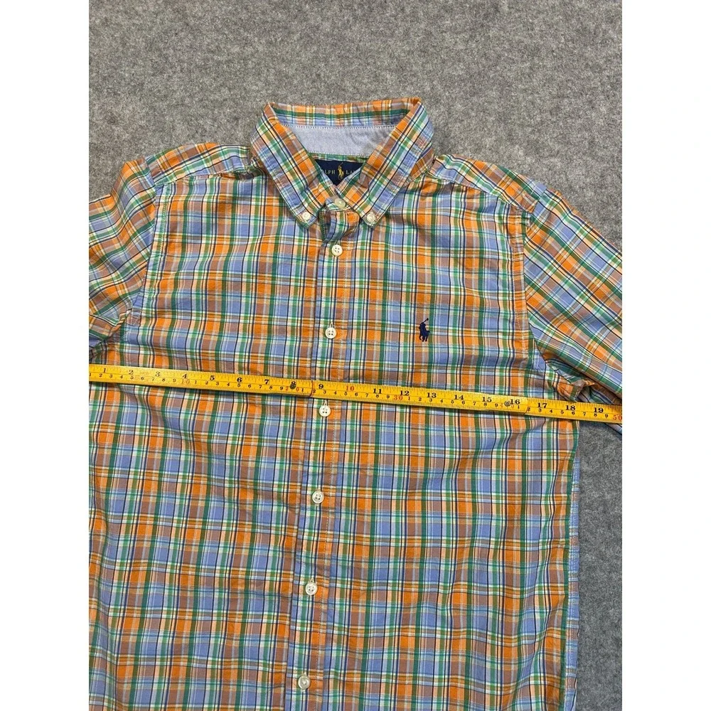 Ralph‎ Lauren Plaid Button Down Shirt Boys L 14-16 Orange Blue Green Cotton Pony